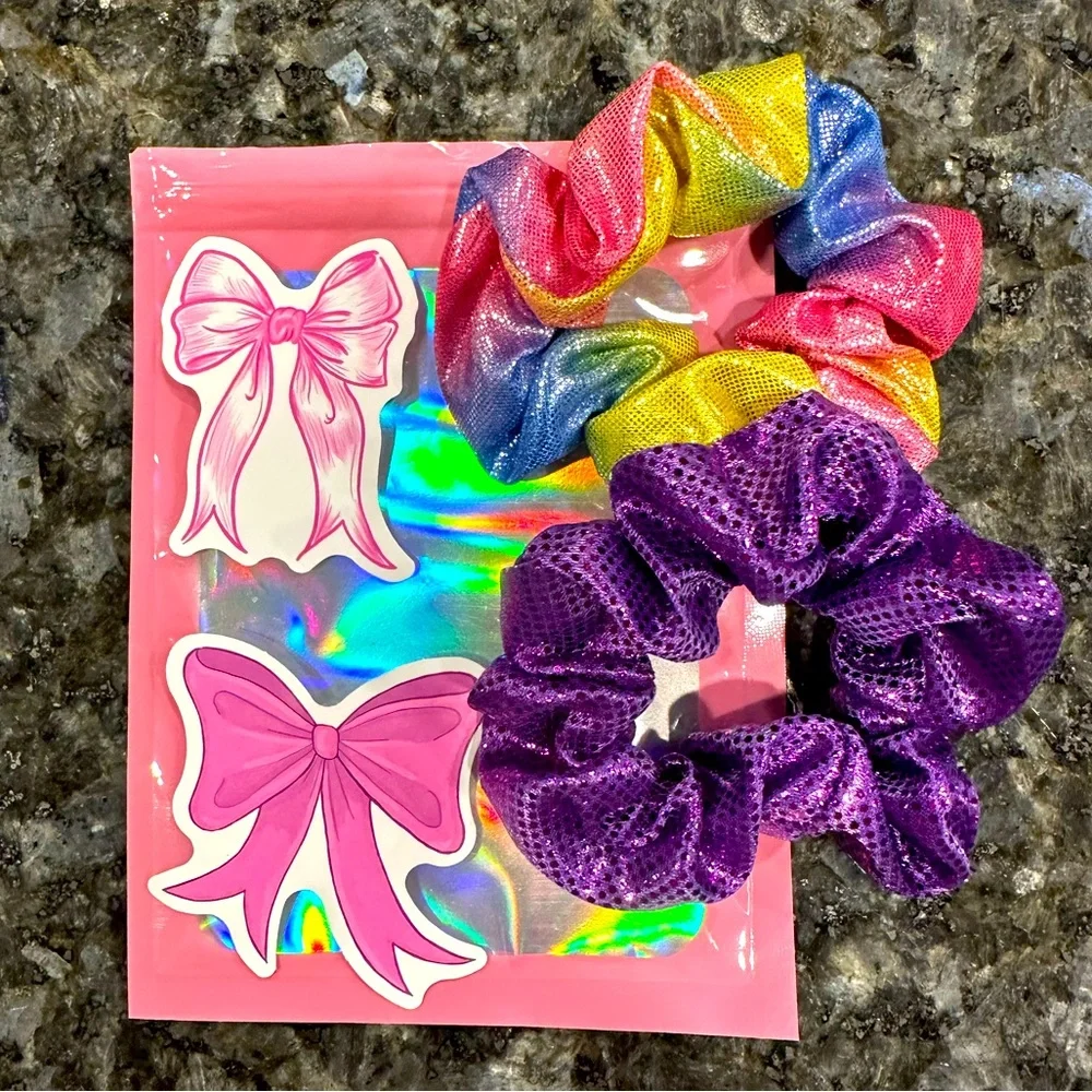 NWOT Metallic scrunchies bundle rainbow and purple